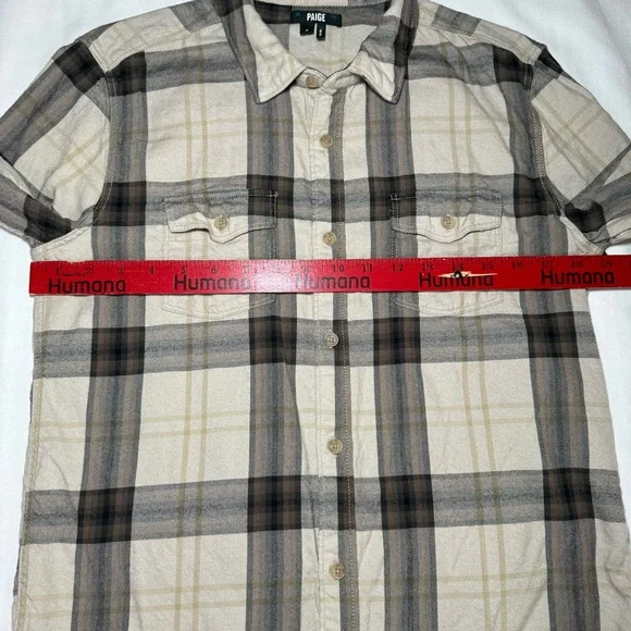 Paige Mens Cotton Everett Plaid Collared Long Sleeve Buttoned-Down Tan Size S - Picture 4 of 8